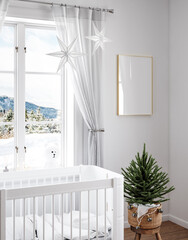 Festive poster frame mockup, cozy white nursery decorated for Christmas, 3d render