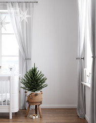 Cozy white nursery decorated for Christmas, wall mockup, 3d render