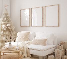 Mockup frame in interior decorated for Christmas time, room in light pastel colors, Scandi-Boho style, 3d render