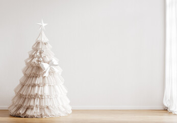 Original Christmas tree in Scandinavian interior. Blank wall background. 3d render