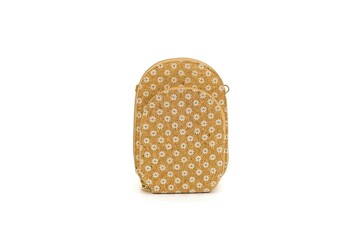 Colorful patterned cork handbag captured on crisp white background.