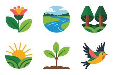 Eco nature symbols, flower sprout, circular river landscapes, young sapling, bright sunrise, cheerful bird, sustainable scenery vector