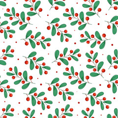 Leaves and berries seamless pattern. Christmas seamless pattern decorative branch with leaves and red berries.
