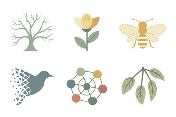 Biodiversity and pollination icons, bare tree silhouette, blooming flower, worker bee, seed scattering bird, molecule seeds cluster, leaves