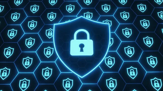A futuristic digital shield with a lock symbol, representing security and protection in cyberspace against data breaches and online threats. - Powered by Adobe