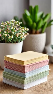 Vibrant notepad stack in minimalist setting with blooming plants and natural light