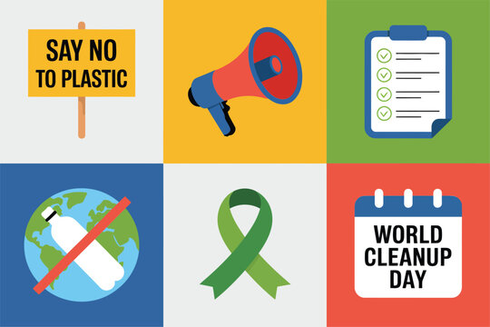 Anti plastic awareness icons, say no to plastic badge, megaphone, checklist board, world cleanup day, green ribbon vector
