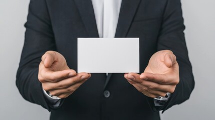A man in a suit holds a blank card in both hands, suggesting a message or presentation in a professional setting.