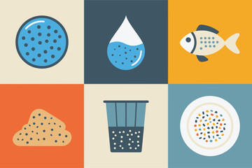 Microplastic particles icons, pellets and fragments, droplet contamination, fish ingestion, beach sand sample, filter mesh, petri dish set