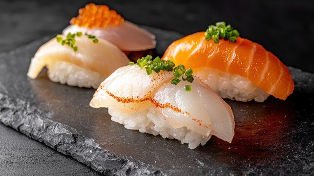 A beautifully arranged sushi platter featuring three varieties of nigiri topped with fresh fish and garnished with green onions.