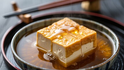 Ultra sharp macro photograph thick piece simmered tofu broth soy sauce