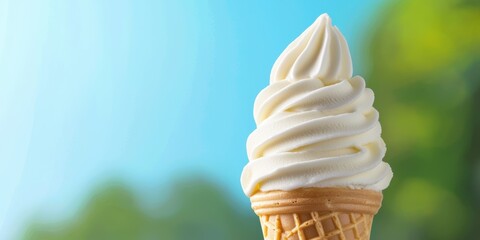 A delicious swirl of soft-serve ice cream in a crispy cone, set against a bright blue sky.