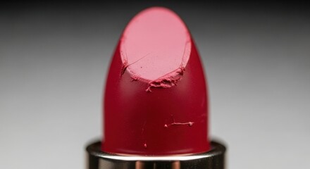 Close-up view of a vibrant, slightly used red lipstick with visible texture and minor imperfections, showcasing beauty and cosmetic products. illustration