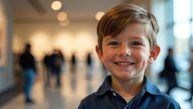 European schoolboy visiting art gallery exhibition hall on World Museum Day, portrait with educational background featuring museum artwork and cultural displays