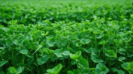Obraz premium Vibrant clover plants cover the ground creating a peaceful green scene in warm daylight.