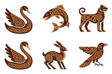 Tribal animal motif set, stylized swan, curling fish, loyal dog, soaring eagle, swift rabbit, rustic bird vector