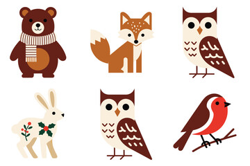 Cute woodland animals collection, bear, fox, owl, rabbit, robin bird, warm earth tones, rustic vector illustration