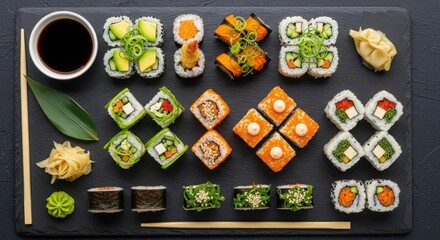 Assorted fresh sushi platter presented on a dark slate with soy sauce, wasabi, ginger, and chopsticks for a delicious meal illustration
