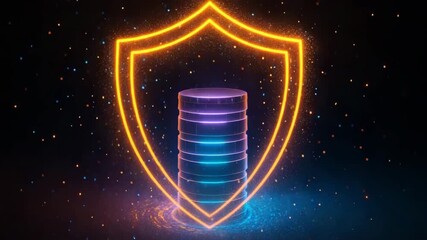 Futuristic digital shield protecting data storage with glowing neon elements, symbolizing cybersecurity and data security concepts. - Powered by Adobe
