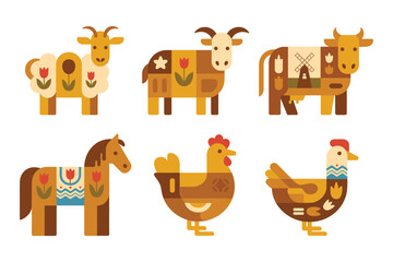 Geometric farm animal icons, boxy cows, goats, horses, chickens, playful shapes, naive folk style, vector illustration
