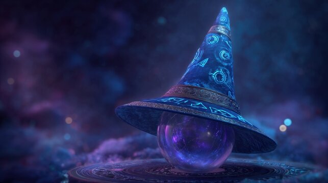 A beautiful blue wizard hat sits atop a glowing orb in a magical space setting evoking wonder.