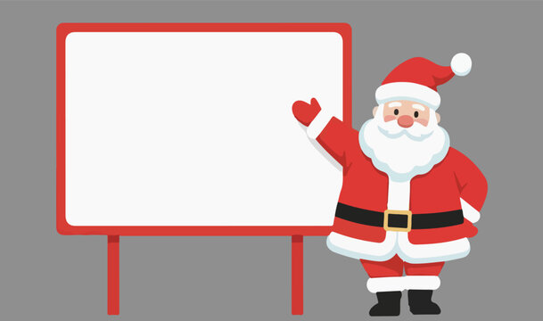 Santa Claus Pointing at Blank Whiteboard &ndash; Flat Vector Christmas Illustration for Promotion