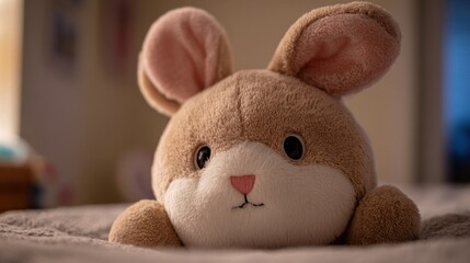 Fototapeta premium A soft bunny stuffed toy lies on a bed creating a serene atmosphere perfect for relaxation.