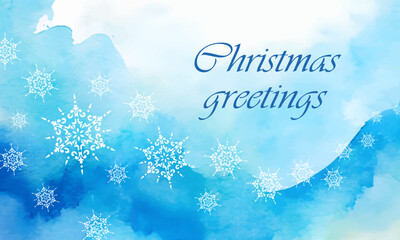 Elegant vector christmas greetings card with delicate white ornamental snowflakes on soft blue watercolor winter background with flowing texture