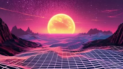 Retrowave sunset over a digital grid landscape with vibrant mountains and a starry sky 4K Video - Powered by Adobe