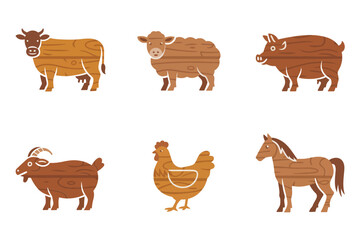Domestic livestock lineup, horned cattle, shaggy sheep, bristled boar, clucking hen, trotting pony, rural agriculture themed vector