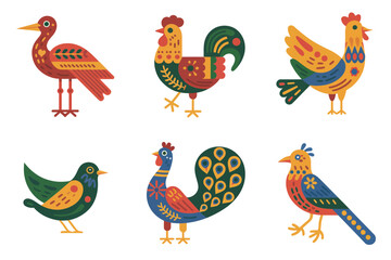 Decorative bird icons set, colorful roosters and songbirds, ornate feathers, folk motif patterns, cheerful countryside vector