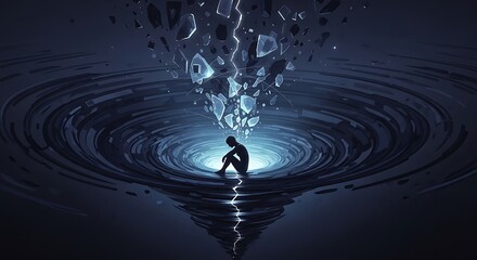 Surreal Lone Figure Sitting at the Center of a Dark Water Vortex with Floating Shattered Crystal Fragments in a Moody Blue Abstract Scene
