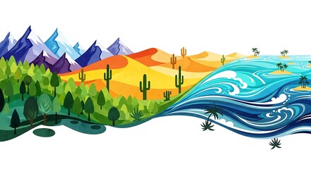 Colorful Illustration of Diverse Biomes Transitioning from Mountains Forest Desert to Ocean Waves in a Vibrant Landscape Design
