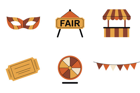 County fair icons, carnival mask, fair sign board, ticket stub, spinning wheel, bunting pennant, market booth vector