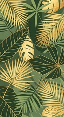 Elegant Tropical Leaf Pattern with Gold Accents on Green Background in Luxury Botanical Design
