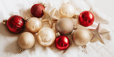 Christmas and New Year Baubles and Decorations on White Background. Holiday Border Design Composition