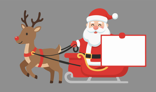 Santa Claus Riding Sleigh with Reindeer Holding Blank Rectangle Board &ndash; Flat Vector Illustration
