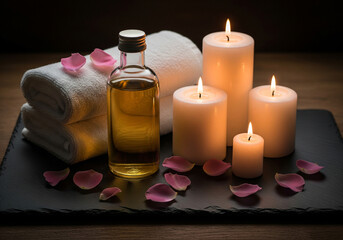 A Tranquil Spa and Wellness Scene with Massage Oils, Candles, and Rose Petals for a Romantic Couple's Massage
