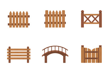Rustic fence collection, vertical pickets, round top gate, curved footbridge, wooden enclosures, countryside property design vector