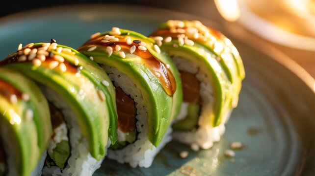 Close up vibrant sushi rolls topped avocado eel sauce sesame seeds