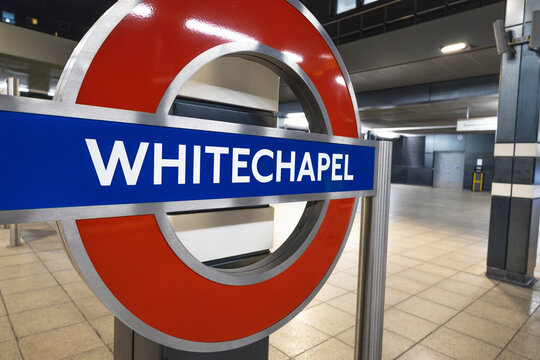 Whitechapel Underground Station Sign and Roundel. London, UK, 2 September 2023