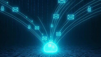 A futuristic digital scene depicting encrypted emails and data flow in a virtual environment, showcasing modern communication technology. - Powered by Adobe