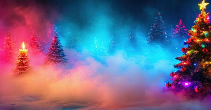 Festive scene. Illuminated trees stand amidst colorful fog. Bright star tops decorated evergreen. Warm glow creates magical atmosphere.