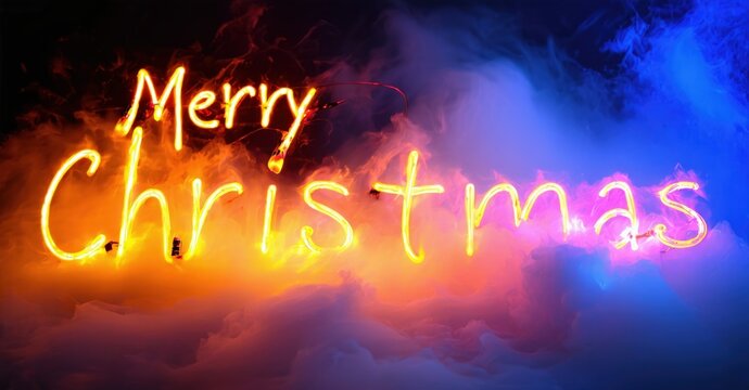 Bright neon sign displays Merry Christmas. Background features vibrant orange, blue smoke. Festive holiday greeting, warm illumination.