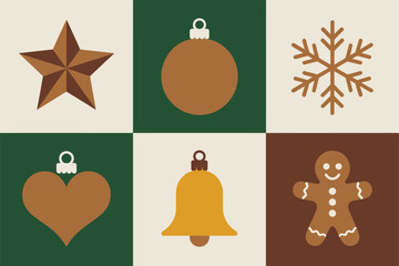 Festive tile grid, star ornament square, hanging bauble, snowflake, heart charm, bell, gingerbread figure, warm wood palette