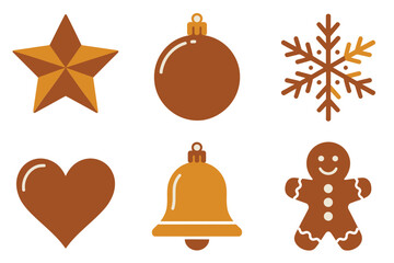 Christmas ornament icons, five pointed star, round bauble, snowflake symbol, heart charm, bell, gingerbread figure, wooden vector