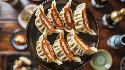 Detailed macro photograph pan seared potstickers gyoza dumplings on dark plate table