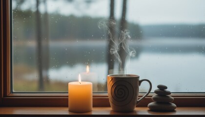 cozy window scene with candle and hot drink evoking relaxation mindfulness wellness retreat atmosphere on a rainy day
