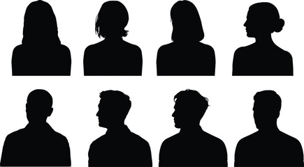 Collection of diverse male and female headshot silhouettes in profile and front view, minimal portrait shapes for design, flat vector illustration © PARUL