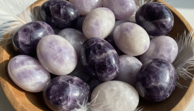 Polished Amethyst & Lavender Lepidolite Tumbled Crystals in Rustic Wooden Bowl
